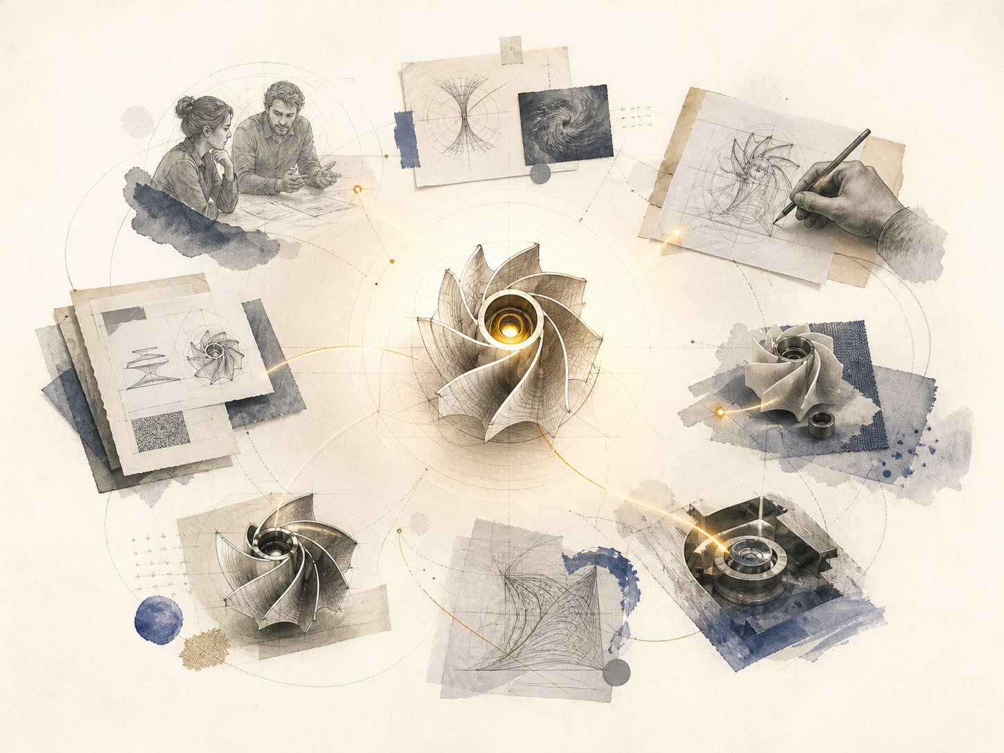 One invention remaining connected as conversation, sketches, research, prototypes, tests, revisions, and documents develop around it.