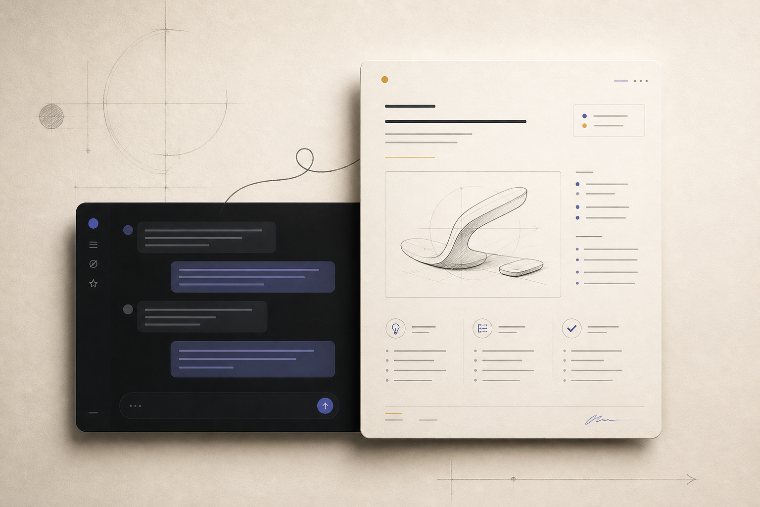 An AI conversation beside polished invention documentation, showing organized work taking shape as the inventor talks.