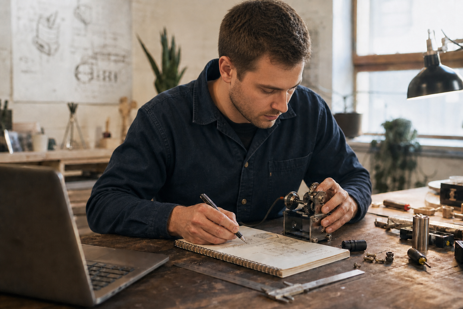 A young independent inventor sketching while adjusting a small mechanical prototype at his workbench.