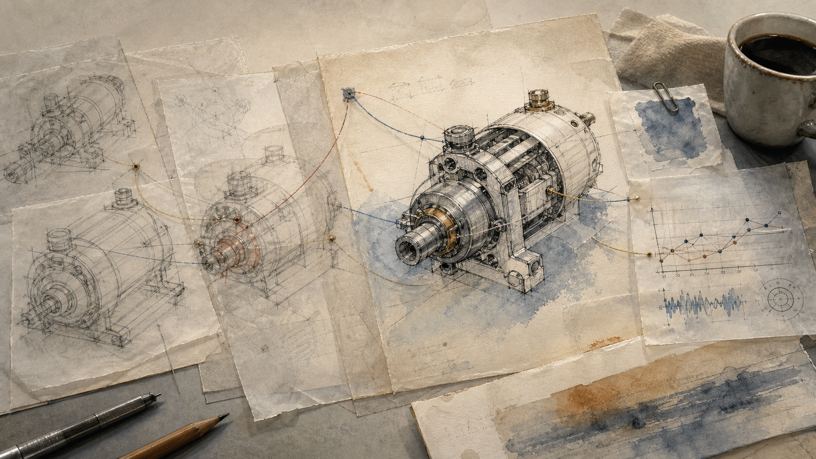 The invention’s decisions and changes organized behind the conversation, with earlier versions still connected.