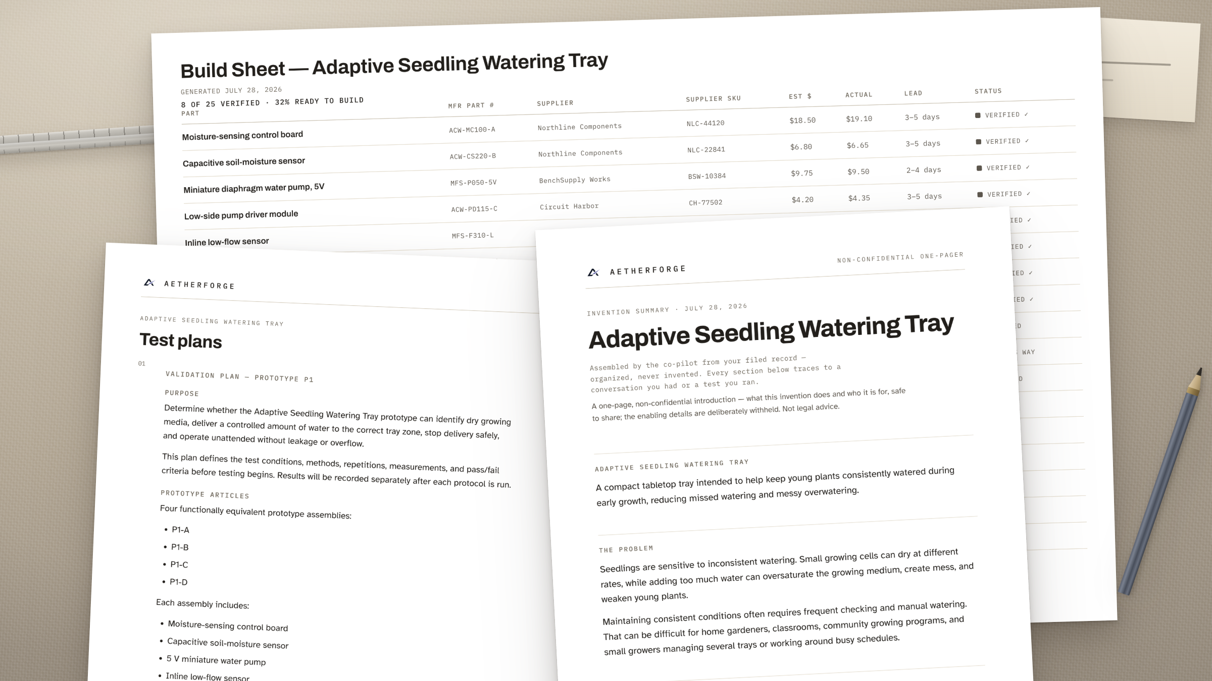 A build sheet, test plan, and one-page overview generated from the invention work.