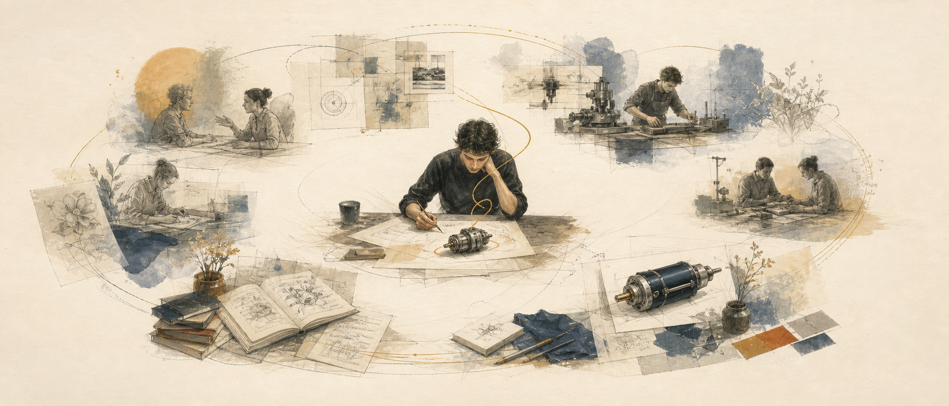 A conversation, the invention work gathering around it, and completed documents connected to both.